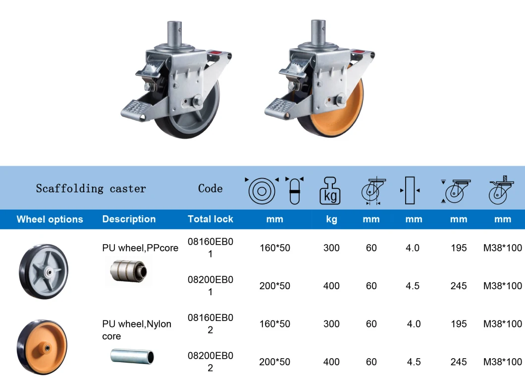 Scaffolding Industrial 150mm&200mm Eropean Style Brake Stem PU PP Casters